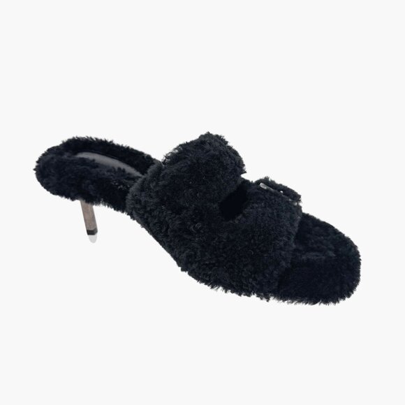 Amina Muaddi Millie Black Shearling Buckle Mule Slippers Heels Size 39.5 US 9.5